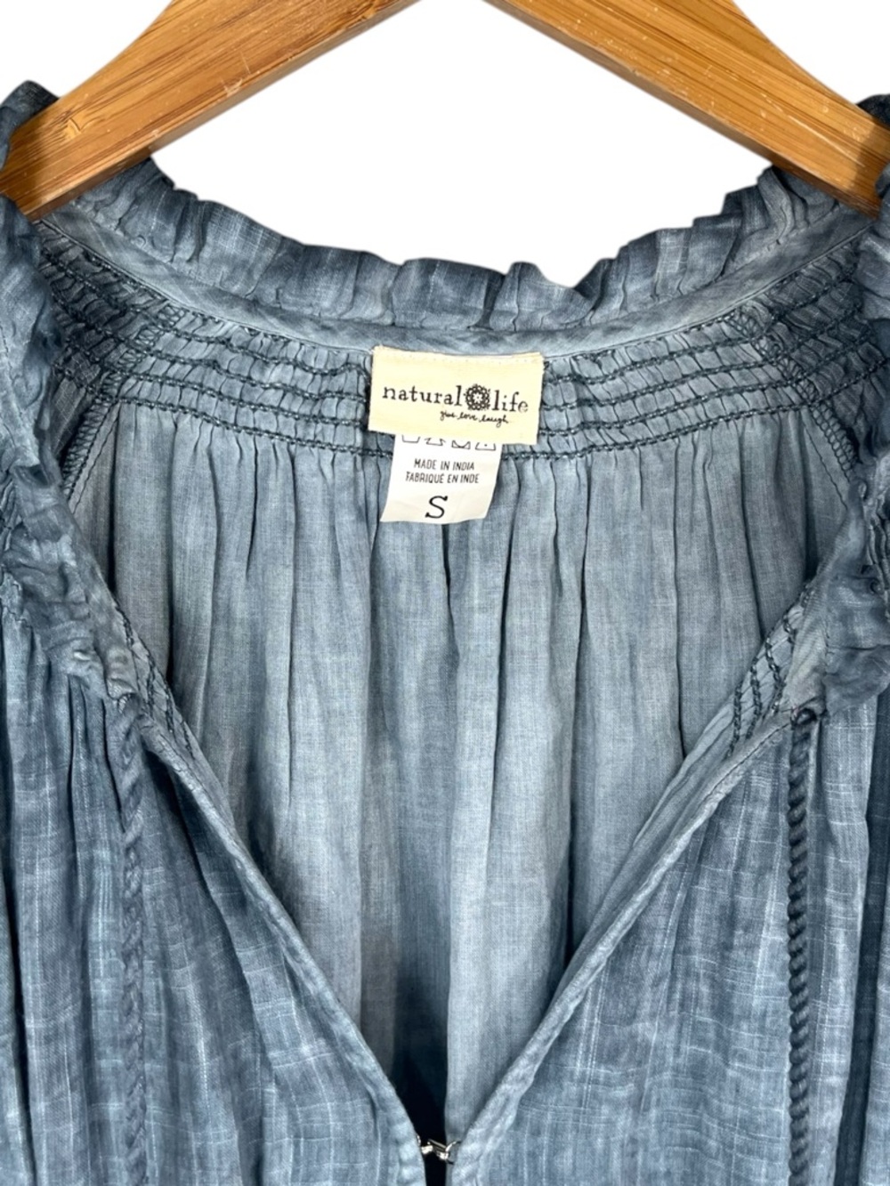 Natural Life blue tie dye smocked long sleeve peasant tunic tiered mini dress S - Picture 2 of 6
